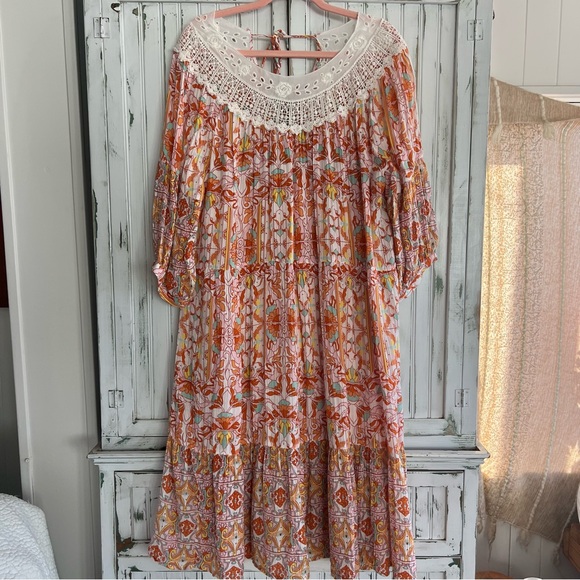 EC Anthropologie Florence Floral Lace Lounge Dress sz L large orange pink white - Picture 5 of 14